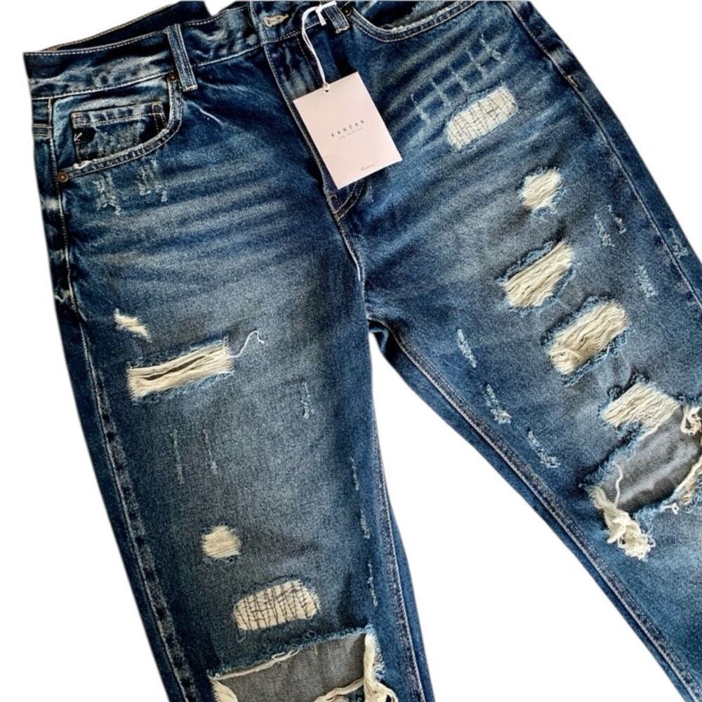 Kancan Ultra High Rise Dark Wash Cropped Distressed Mom Fit Jeans 15/31 NWT - Picture 15 of 16